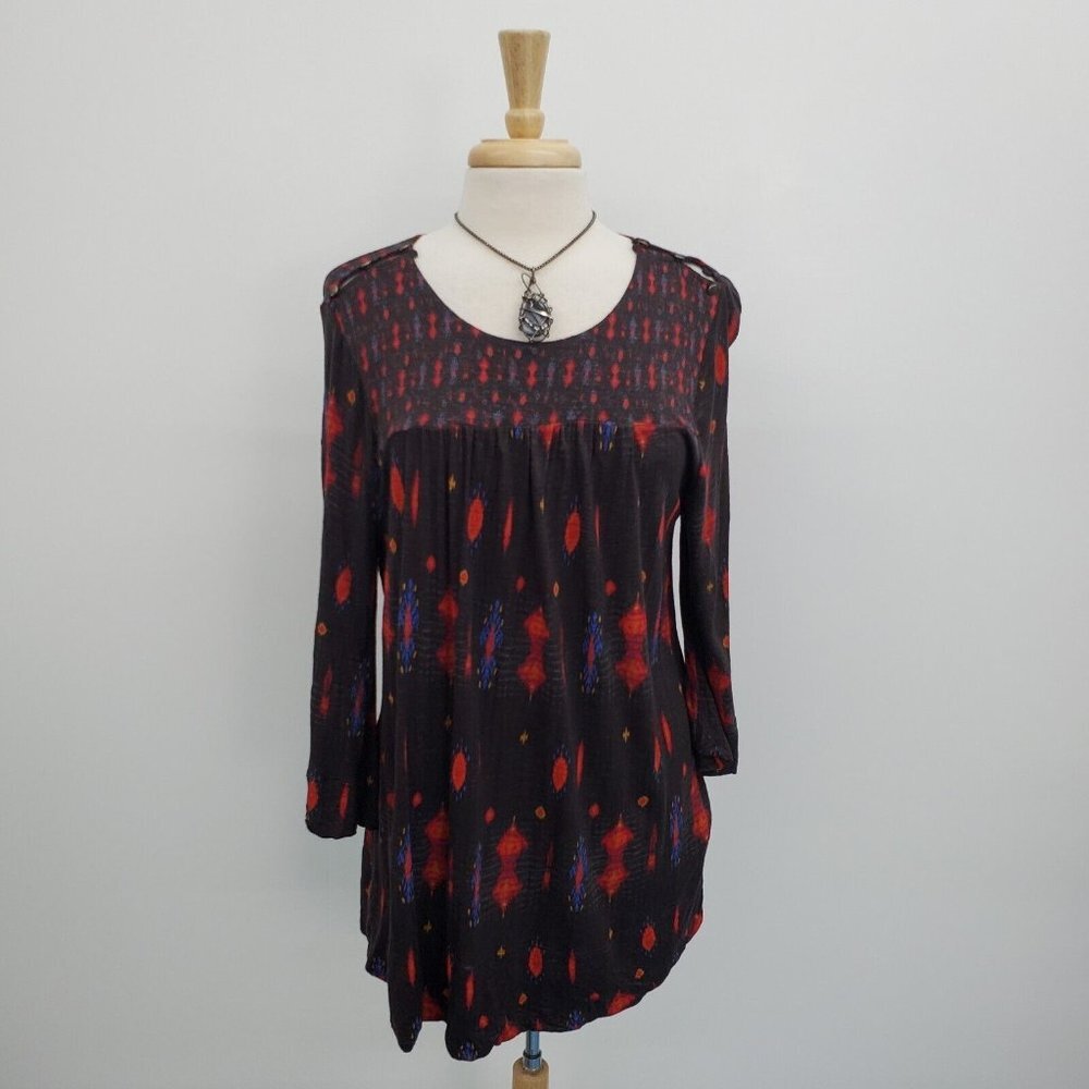 Lucky Brand Womens Aztec Print Tunic Top Blouse Plus Size 1X 3/4 Sleeve Black